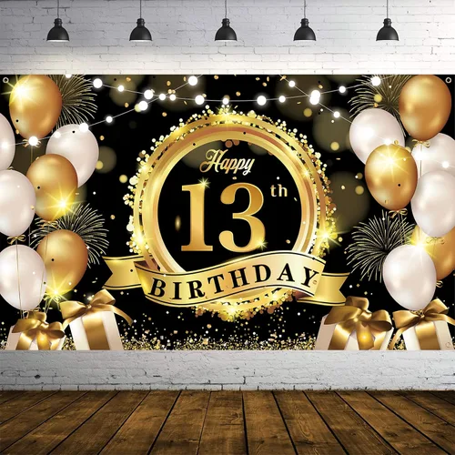 Cartel de fondo para decoración de cumpleaños número 13, color negro y dorado, extra grande, cartel de cumpleaños, fondo de fotografía, suministros