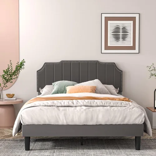 Miniatura 27 de VECELO Base de cama tapizada de terciopelo tamaño Queen con ribete de clavos, cabecera ajustable en altura copetuda, cama vintage con listones