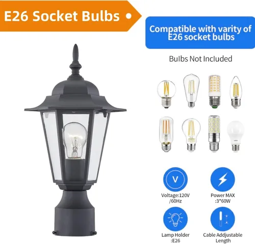Miniatura 5 de WISBEAM Luz de poste para exteriores, linterna de poste, base E26 de 60 W máximo, carcasa de aluminio más vidrio, clasificación de ubicación húmeda
