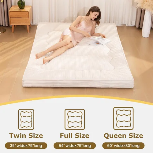 Miniatura 4 de Colchón japonés para suelo, colchón de futón de 4" de grosor tamaño Queen, almohadilla para dormir, almohadilla de suelo plegable de pana, tapete