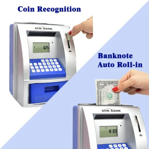 Miniatura 2 de Caja de ahorros de cajero automático para dinero real, alcancía electrónica para enseñar ahorros, juguete clásico de conteo, banco de dinero