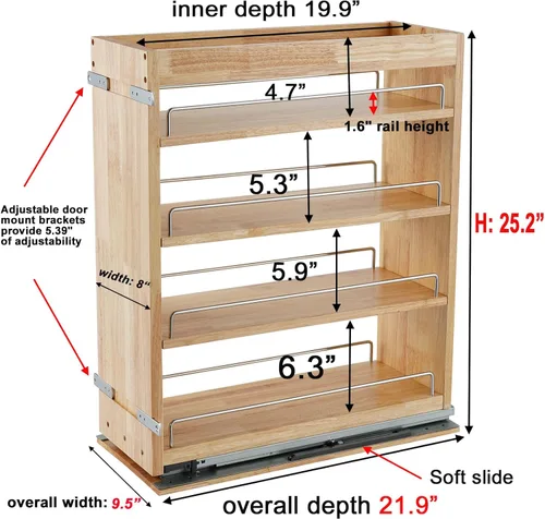 Miniatura 3 de DINDON Organizador de gabinete extraíble para especias, (8 pulgadas de ancho x 21.9 pulgadas de profundidad x 25.2 pulgadas de alto) organizador