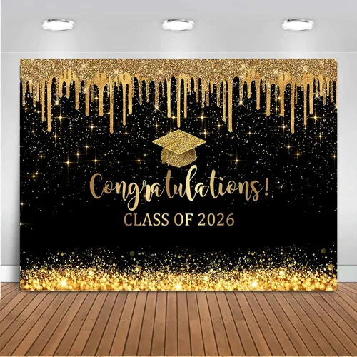 Mocsicka Fondo de graduación de 7 x 5 pies 2026, decoraciones de graduación negro y dorado, pancarta de felicitaciones de graduación 2026, fondo de
