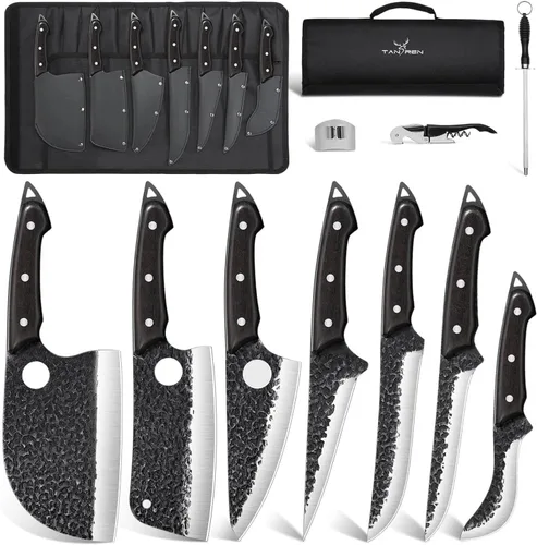 Miniatura 6 de TAN REN 17 piezas de juego de cuchillos de carnicero con bolsa, juego de cuchillos de BBQ de acero de alto carbono para cortar carne, cuchillos