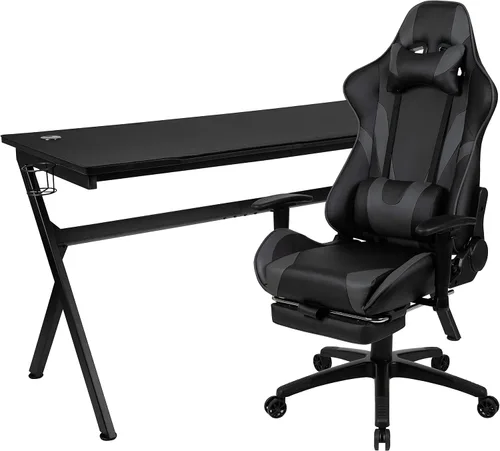 Miniatura 58 de Flash Furniture Juego de escritorio para juegos negro y silla de carreras blanco/negro con soporte para tazas, gancho para auriculares y soporte
