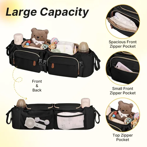 Miniatura 5 de Boomistry - Organizador doble para cochecito con 2 bolsillos refrigerantes, color negro Para Bob Duallie y Baby Jogger City Mini GT2, soporte