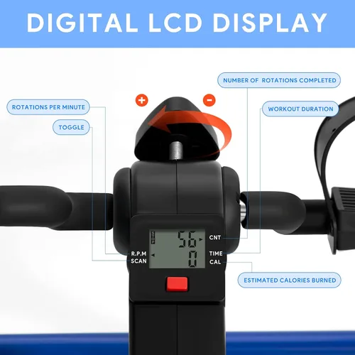Miniatura 2 de Ejercitador de pedal plegable - Mini bicicleta estática con pedales para debajo de escritorio con pantalla LCD para entrenamiento de brazos y Azul