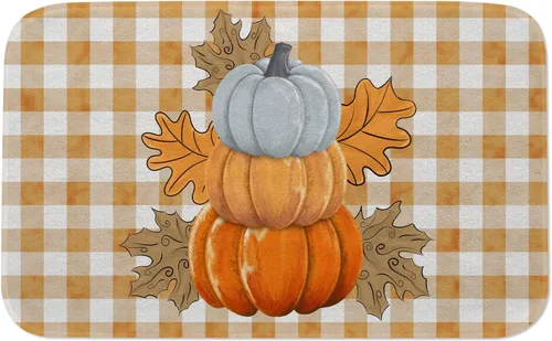Fukeen Alfombra de baño de calabaza a cuadros naranja – Alfombra de ducha antideslizante con hojas de arce para baño, dormitorio, hogar