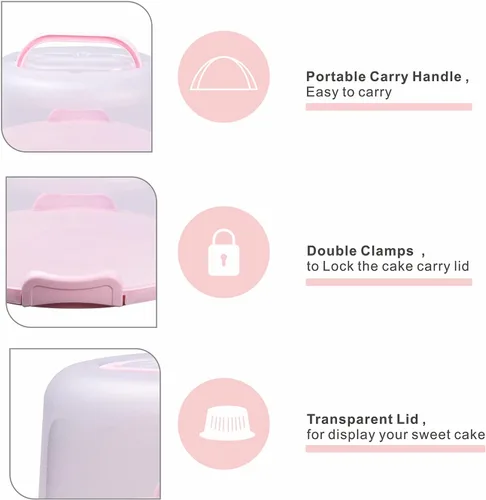 Miniatura 4 de Porta pasteles de plástico de 10 pulgadas con asa, soporte redondo para pasteles con tapa, recipiente rosa para pasteles de 6 pulgadas/8 pulgadas/10