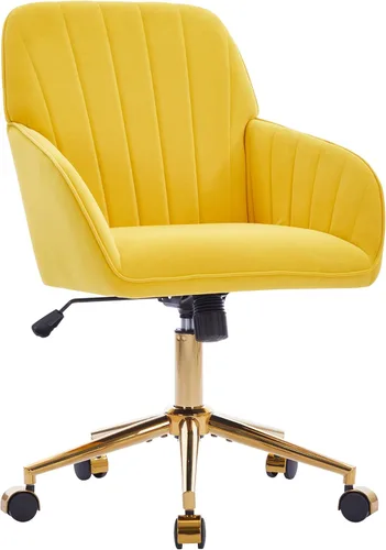 Miniatura 11 de YITAI Silla de escritorio giratoria de terciopelo de 360°, moderno sillón de oficina en casa con base dorada y ruedas para tocador, cómoda silla
