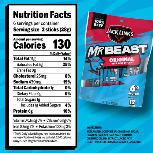 Miniatura 2 de Jack Link's x MrBeast - Mini palitos de carne seca de res originales – Snacks de proteína envueltos individualmente – 0.25 oz de proteína por