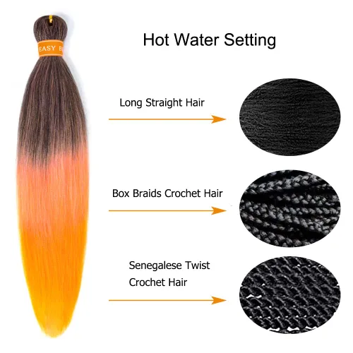 Miniatura 5 de Cabello trenzado preestirado 3.53 oz/paquete, cabello trenzado rosa naranja para trenzar con agua caliente, cabello trenzado degradado
