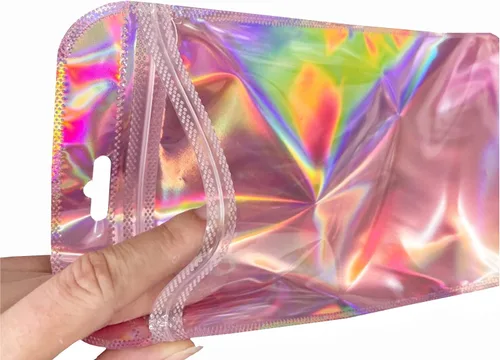Miniatura 4 de 100 bolsas de embalaje holográficas resellables para pequeñas empresas, embalaje transparente con cierre de cremallera para recuerdos de fiesta