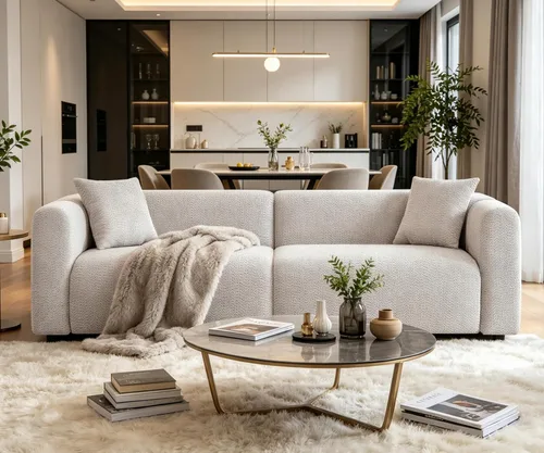 Miniatura 14 de Juegos de muebles de sala de estar VANOMi incluyen sofá de 95" y sillones de 42", sofá tapizado de bouclé extragrande con almohadas, juego de Blanco