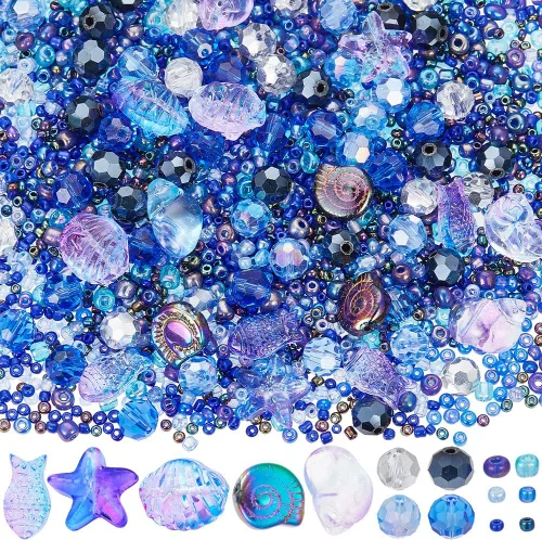 Miniatura 13 de SUNNYCLUE 1 Caja 540 piezas Kit de Cuentas Oceánicas Vidrio Verano Pez Estrella de Mar Dijes Azul Hawaii Animales Marinos Dije Cuentas de Semillas
