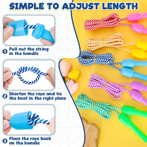 Miniatura 4 de Paquete de 10 cuerdas de saltar para niños, coloridas cuerdas de saltar de nailon para niños, longitud ajustable de 7.87 pies, asas de 5.51