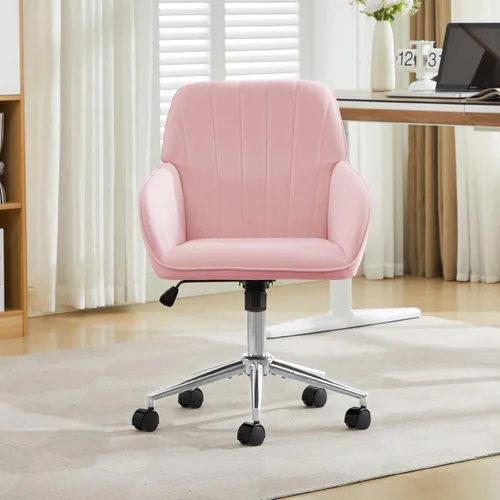 Miniatura 20 de YITAI Silla de escritorio giratoria de terciopelo de 360°, moderno sillón de oficina en casa con base dorada y ruedas para tocador, cómoda silla