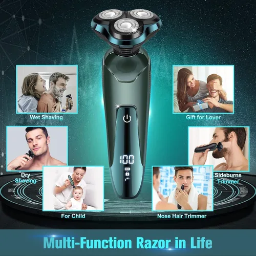 Miniatura 6 de Maquinilla de afeitar eléctrica para hombres, afeitadoras eléctricas para rostros de hombres, hoja desmontable 3D giratoria para afeitar con Verde