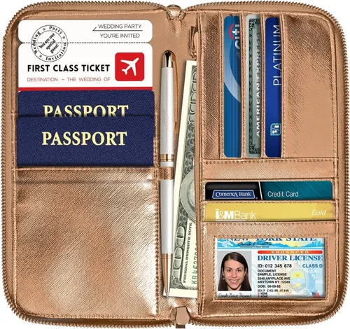 Miniatura 5 de Cartera de viaje organizador de documentos RFID pasaporte caso titular de la familia (oro rosa)