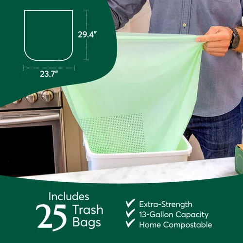 Miniatura 5 de Bolsas de basura compostables* Cleanomic con cordón (13 galones, 25 unidades, altas), certificadas BPI para compost de cocina