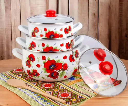 Miniatura 9 de Olla de aluminio esmaltado amapolas vientre cazuela profunda olla de cocina con tapa de vidrio Utensilios de cocina Olla de sopa (2.1 L)