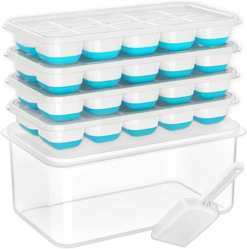 DOQAUS Bandeja para cubitos de hielo con tapa y contenedor - Paquete de 4 bandejas de cubitos de hielo de silicona para congelador, kits de cubeta