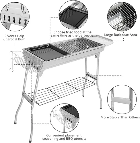 Miniatura 2 de Outvita Parrilla de carbón portátil, 39 x 12 x 28 pulgadas, parrilla plegable de acero inoxidable y ahumador para cocinar al aire libre, camping