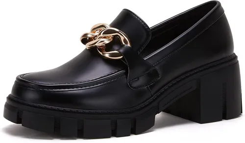 TINSTREE - Mocasines de plataforma para mujer, con detalle de cadena, cómodos, tacón grueso, punta redonda, zapatos para trabajo y negocios