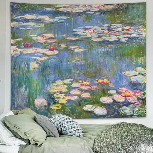 Avinyl Monet - Tapiz de pared de lirio de agua, póster artístico de plantas florales verdes para dormitorio, niñas, niños, pequeño estanque de