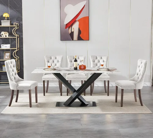 Miniatura 3 de Juego de mesa de comedor de mármol blanco de lujo para 6, 70 pulgadas, mesa de comedor de mármol blanco con 6 sillas de terciopelo beige y base