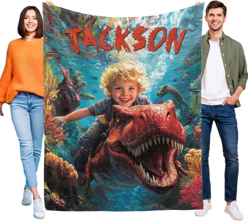 Miniatura 2 de Artsadd Manta personalizada de dinosaurio para niños y hombres, manta personalizada con foto de dinosaurio, manta de bebé personalizada para niños