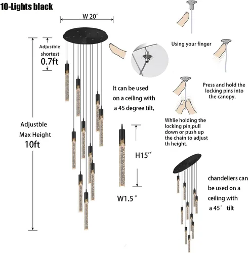 Miniatura 3 de Flashing God Candelabro LED moderno, 10 luces negras regulables, lámpara colgante con control remoto de techo alto para escalera, sala de estar