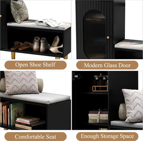 Miniatura 7 de HLR Banco de almacenamiento con puerta y estante de cristal, moderno banco de zapatos de entrada con asiento acolchado, armario de almacenamiento