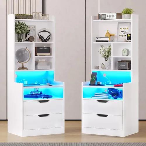 Miniatura 12 de BTHFST Mesita de noche alta con luces LED y estación de carga, mesita de noche LED negra con estantes y 2 cajones, mesita de noche con estantería