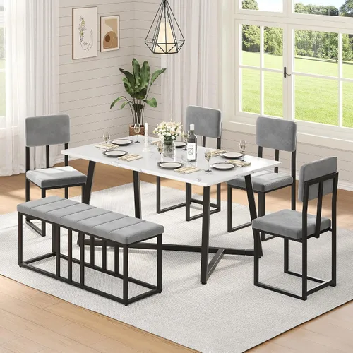 Miniatura 8 de HUGROVE Juego de comedor de 5 piezas, juego de mesa de comedor de mármol sintético de 47.24 pulgadas para 4, moderno y minimalista juego de cocina