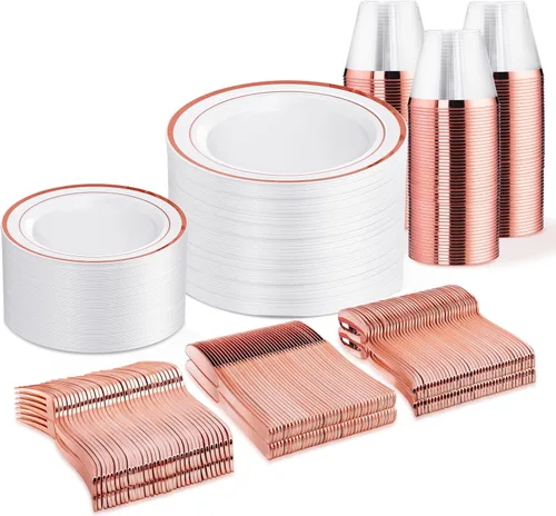 Miniatura 25 de WELLIFE Juego de vajilla desechable de 600 piezas color dorado y blanco para 100 invitados, platos de plástico blanco con borde dorado, platos