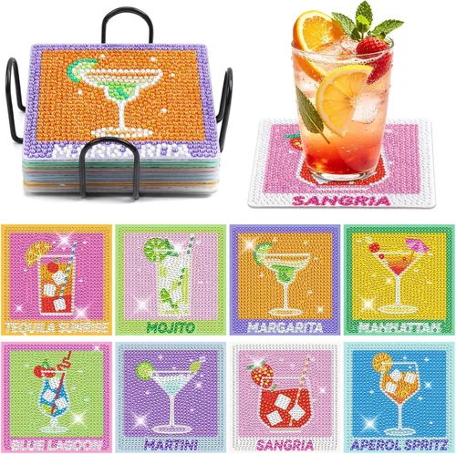 Miniatura 13 de UPINS 8 piezas de kits de pintura de arte de diamante con mandala, posavasos de arte de diamante con soporte, kits de arte de diamante Mandala azul