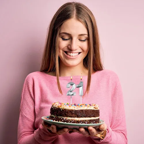 Miniatura 4 de Velas de cumpleaños número 16 y 61 para tartas, velas plateadas con forma de diamante 3D, decoración de cumpleaños, suministros de fiesta para Plata