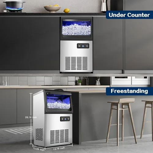 Miniatura 8 de Máquina comercial para hacer hielo 110LBS/24H, máquina de hielo bajo encimera o independiente con contenedor de almacenamiento de 22 libras