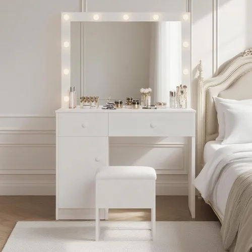 Haewon - Escritorio de maquillaje blanco con espejo LED y 3 modos de luz, juego de mesa de maquillaje con tomas de corriente, cajones, gabinete y