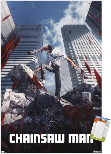 Miniatura 12 de Chainsaw Man - Póster de pared de arte clave, 22.4 pulgadas de largo x 14.7 pulgadas de ancho, versión enmarcada de madera de granero