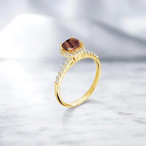 Miniatura 4 de Gem Stone King Anillo de oro amarillo de 10 quilates con cojín de ojo de tigre rojo GH cultivado en laboratorio con diamantes cultivados