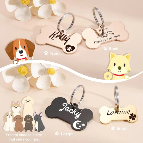 Miniatura 5 de GISUREY - Etiquetas de perro grabadas para mascotas, de acero inoxidable, etiquetas personalizadas de nombre de perro y gato, etiquetas de Hueso