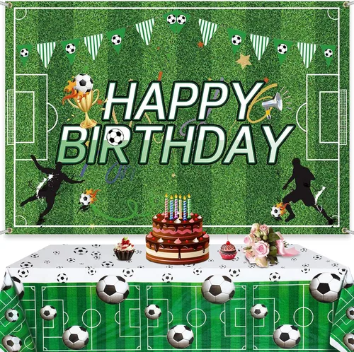 Irenare 2 piezas de decoración de fiesta de cumpleaños de fútbol de 5 x 3 pulgadas, telón de fondo de fútbol de feliz cumpleaños de 108 x 54