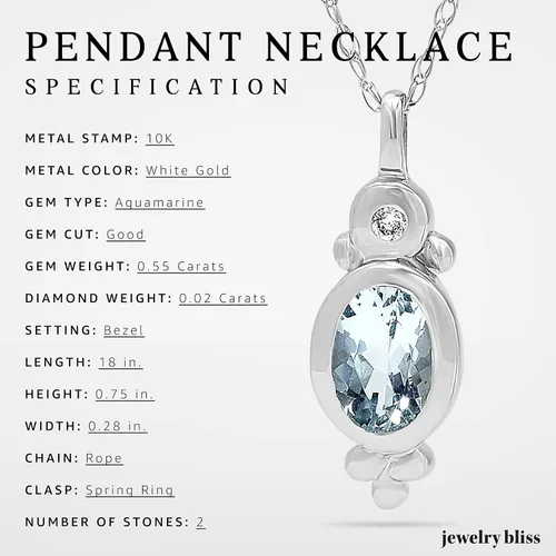 Miniatura 3 de Jewelry Bliss Cadena de oro blanco de 10 quilates y colgante ovalado con aguamarina azul auténtica y diamante piedra natal de marzo para mujer