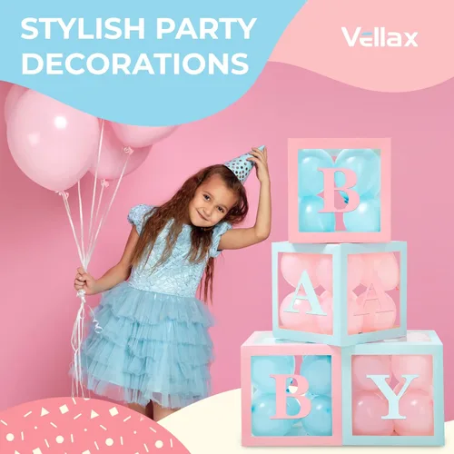 Miniatura 6 de Cajas de baby shower con letras - Cajas rosas y azules con globos rosas y azules - Juego de 44 piezas para revelación de género y decoración