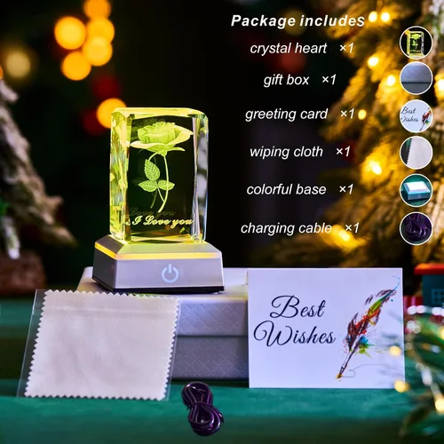 Miniatura 7 de Lámpara Nocturna de Cristal de Rosa 3D con Luces LED Ajustables - Te Amo, Ideas de Regalo para el Día de la Madre, San Valentín, Aniversario, Regalo