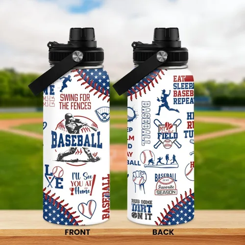 Miniatura 2 de Botella de agua de béisbol – Botellas deportivas aisladas de acero inoxidable de 32 onzas con tapa – Hombres amantes del béisbol jugador aficionado