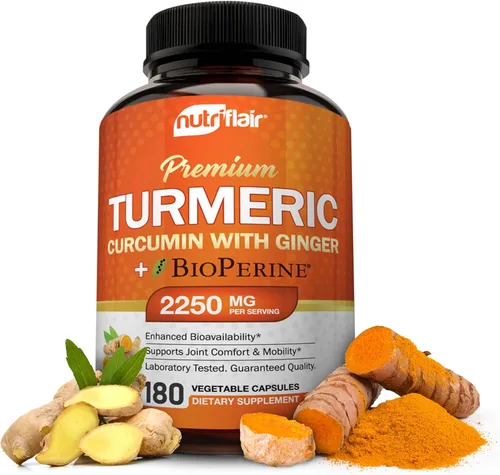 NutriFlair Cúrcuma Curcumina con Jengibre y Suplementos de Pimienta Negra BioPerine, 180 Cápsulas - 95% Curcuminoides - Soporte Articular,