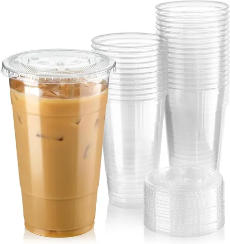 Fit Meal Prep Paquete de 50 vasos de plástico transparente de 24 onzas con tapas planas, tazas desechables para café helado, sin BPA, taza de batido